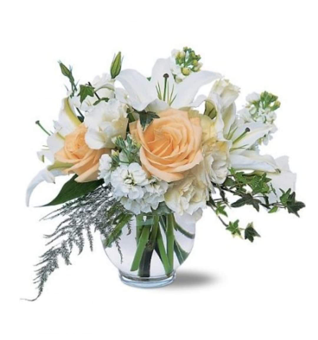 Vase - Roses Roses avec Lys Blanc